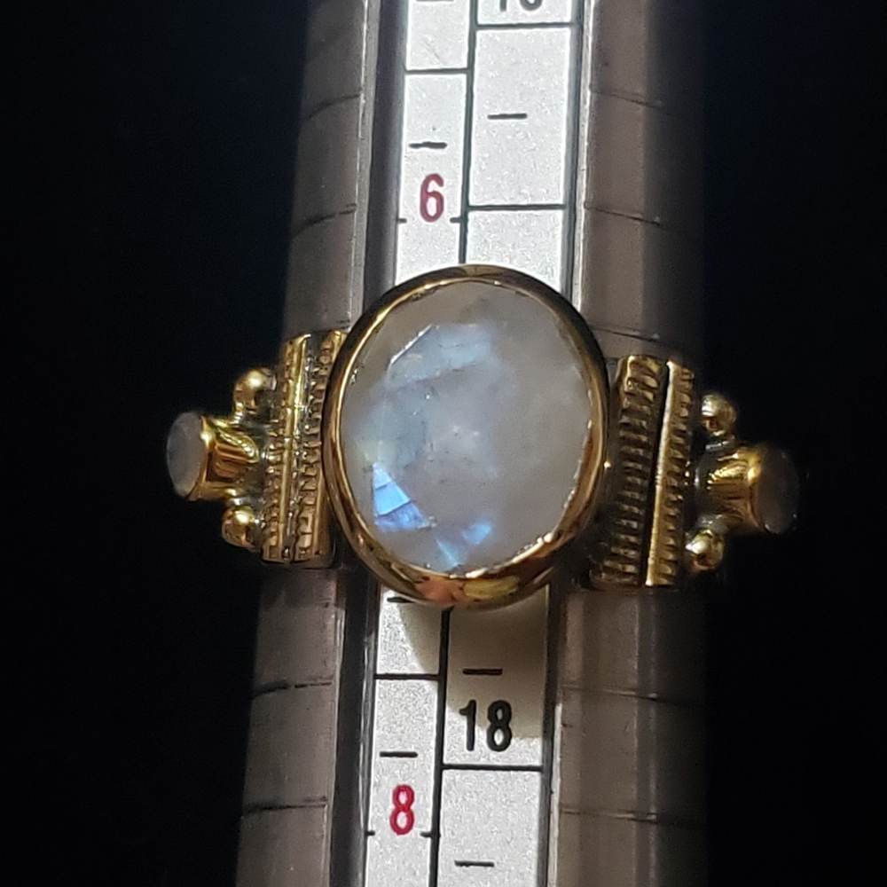 Rainbow Moonstone Ring ~ 925 Sterling Silver w/ Brass Accents - Picture 10 of 16